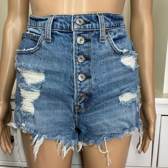 Abercrombie & Fitch Ultra High Rise Mom Shorts Distressed Button Fly Blue 25 0 - Picture 7 of 9